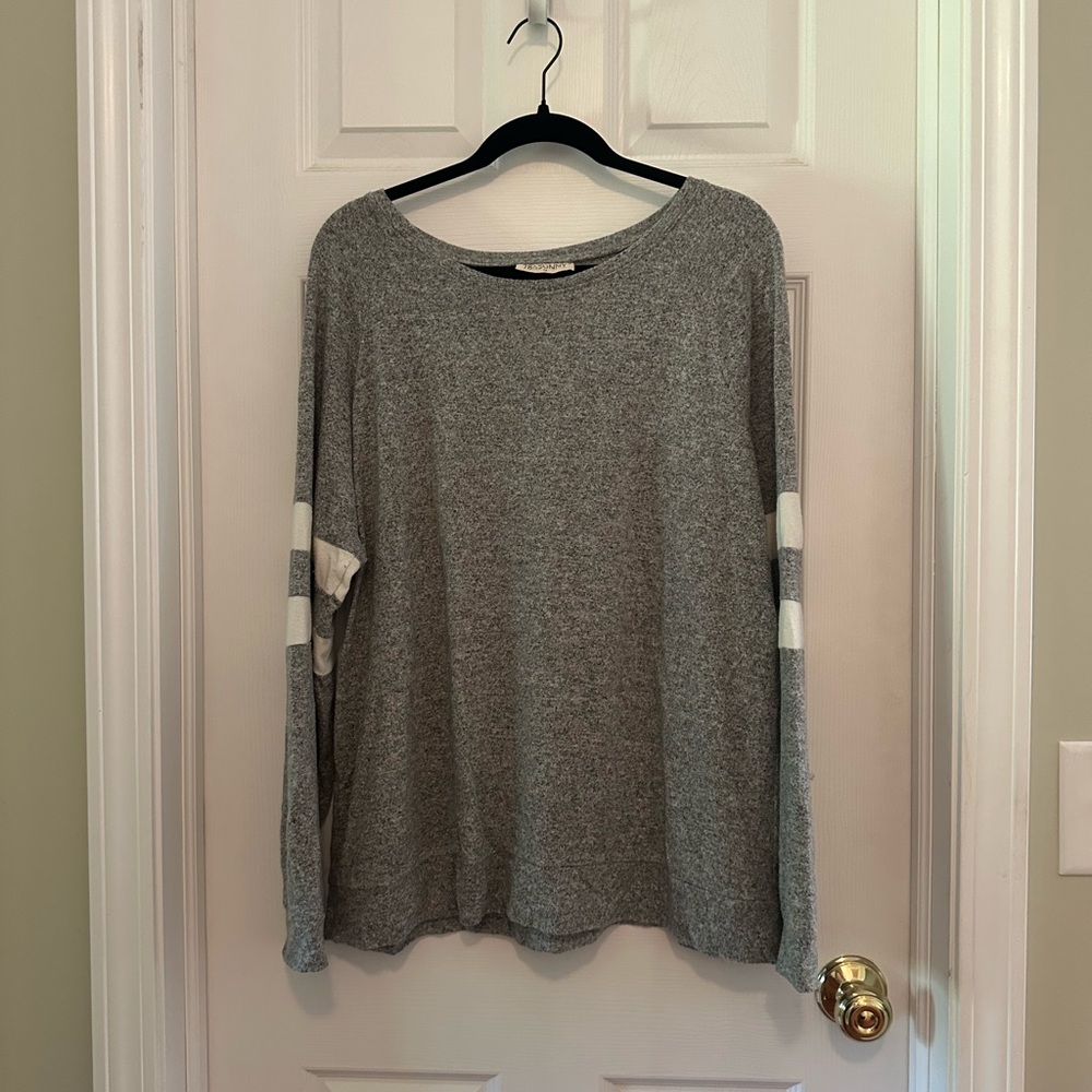 Gray and White Crew Neck Sweater with Sporty Stripes